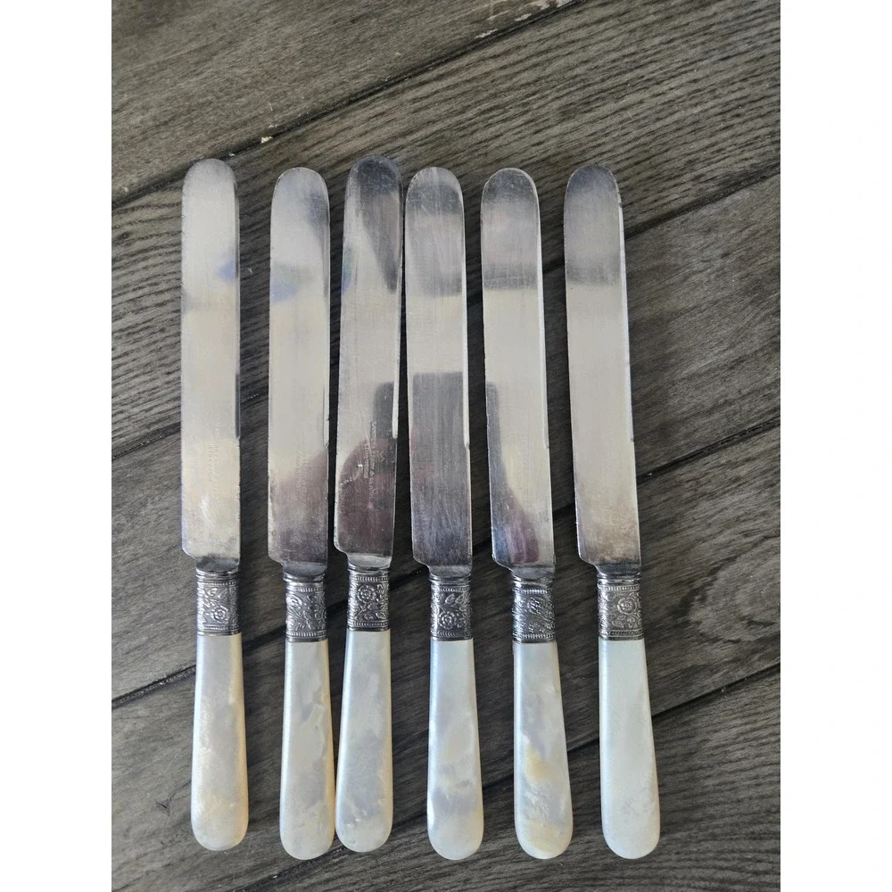 6 Antique Landers Frary & Clark Pearl & Sterling Silver Rose Band Butter Knives